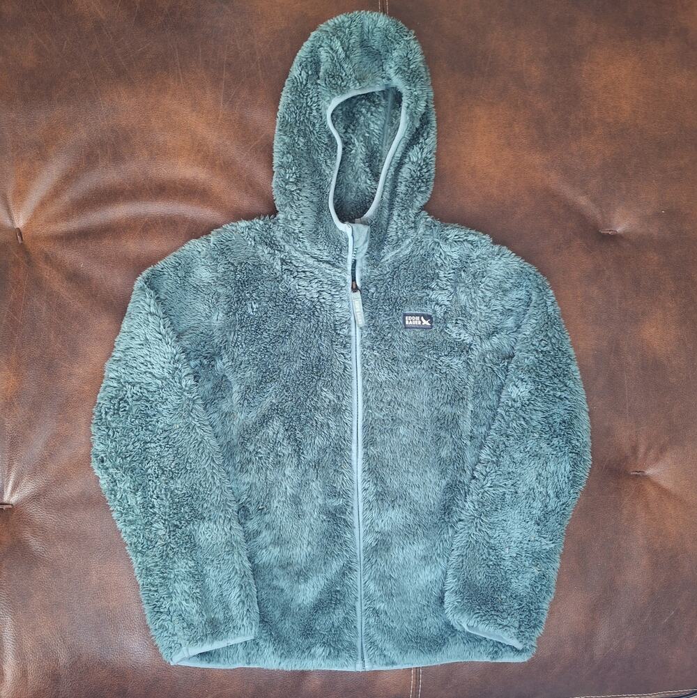 Eddie Bauer Kids High Pile Fleece Jacket Small 7/8 Sage Green Plush Hoodie Zip